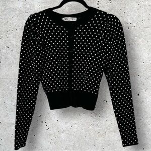 Zara Black Knit Cardigan with White Polka Dots. Size Small